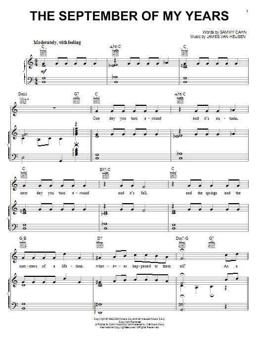 Frank Sinatra The September Of My Years sheet music notes and chords arranged for Piano & Vocal