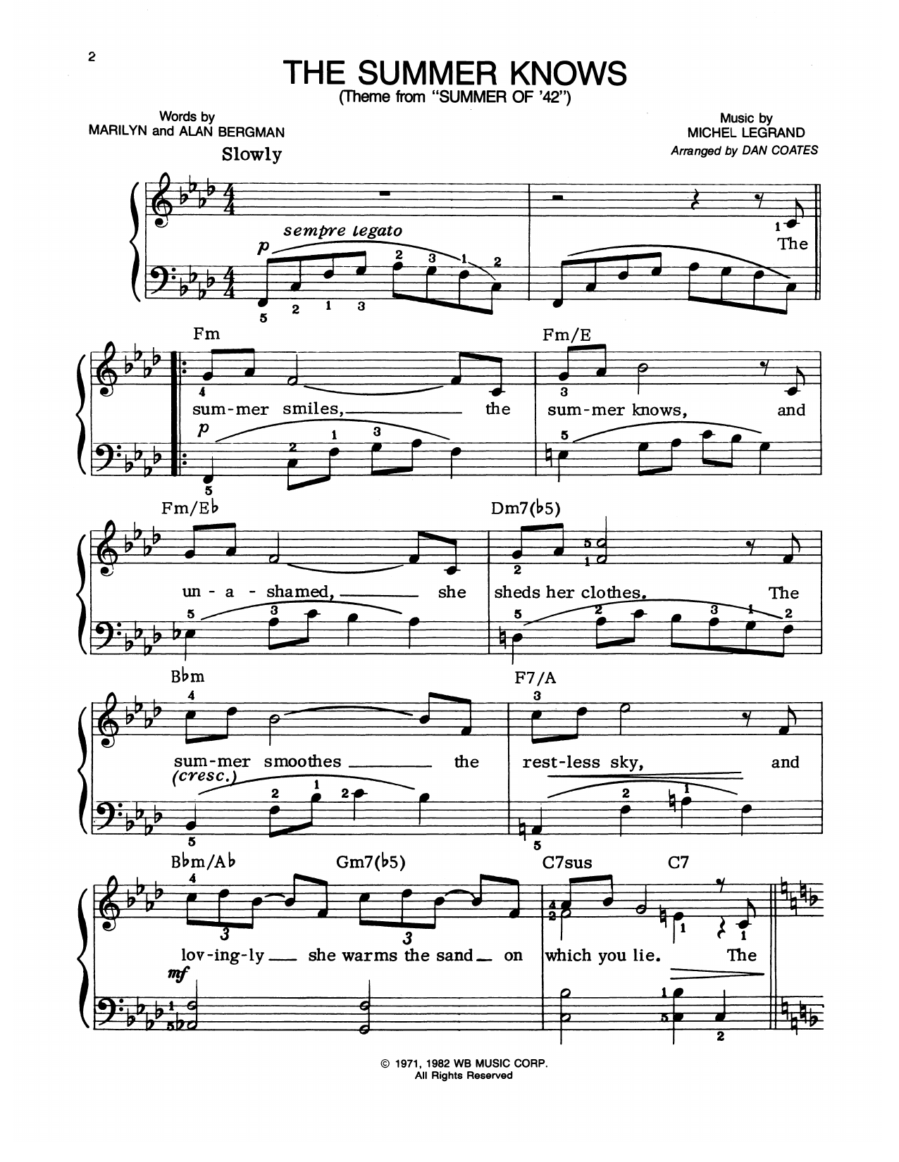 Frank Sinatra The Summer Knows sheet music notes and chords arranged for Easy Piano