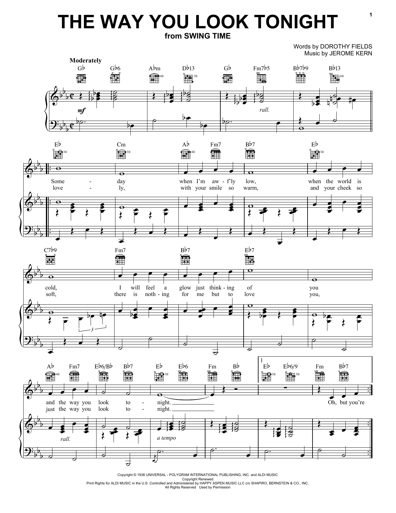 Frank Sinatra The Way You Look Tonight sheet music notes and chords arranged for Piano, Vocal & Guitar Chords
