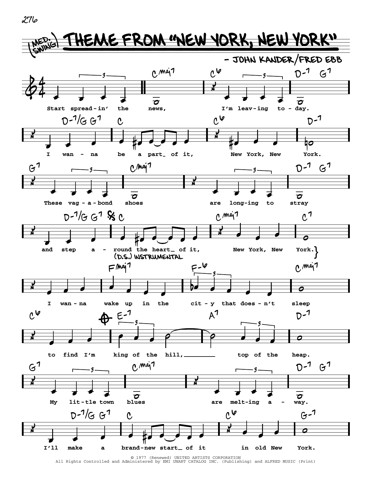 Frank Sinatra Theme from New York, New York (Low Voice) sheet music notes and chords arranged for Real Book – Melody, Lyrics & Chords
