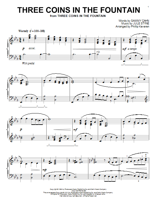 Frank Sinatra Three Coins In The Fountain (arr. Phillip Keveren) sheet music notes and chords arranged for Piano Solo