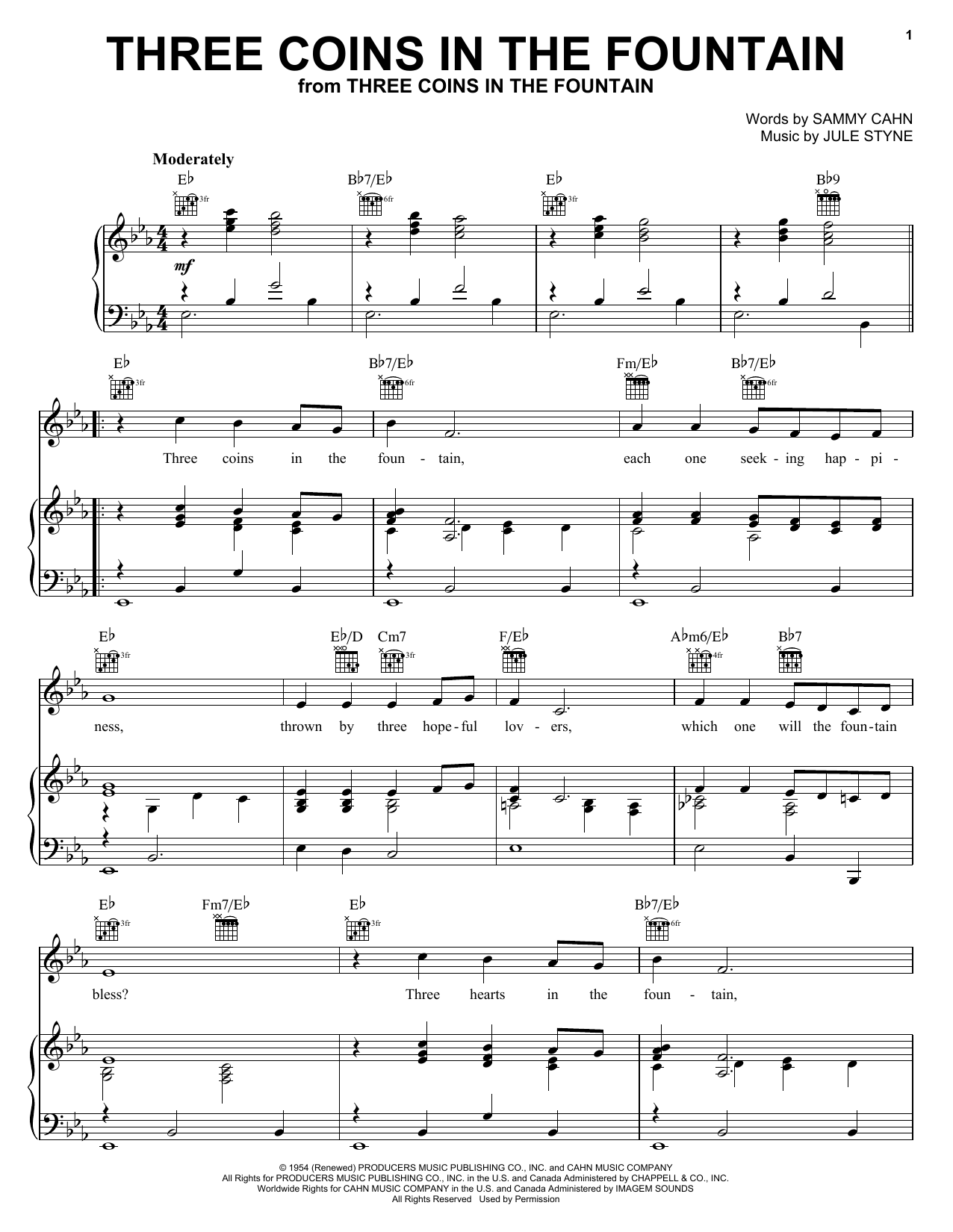 Frank Sinatra Three Coins In The Fountain sheet music notes and chords arranged for Guitar Chords/Lyrics