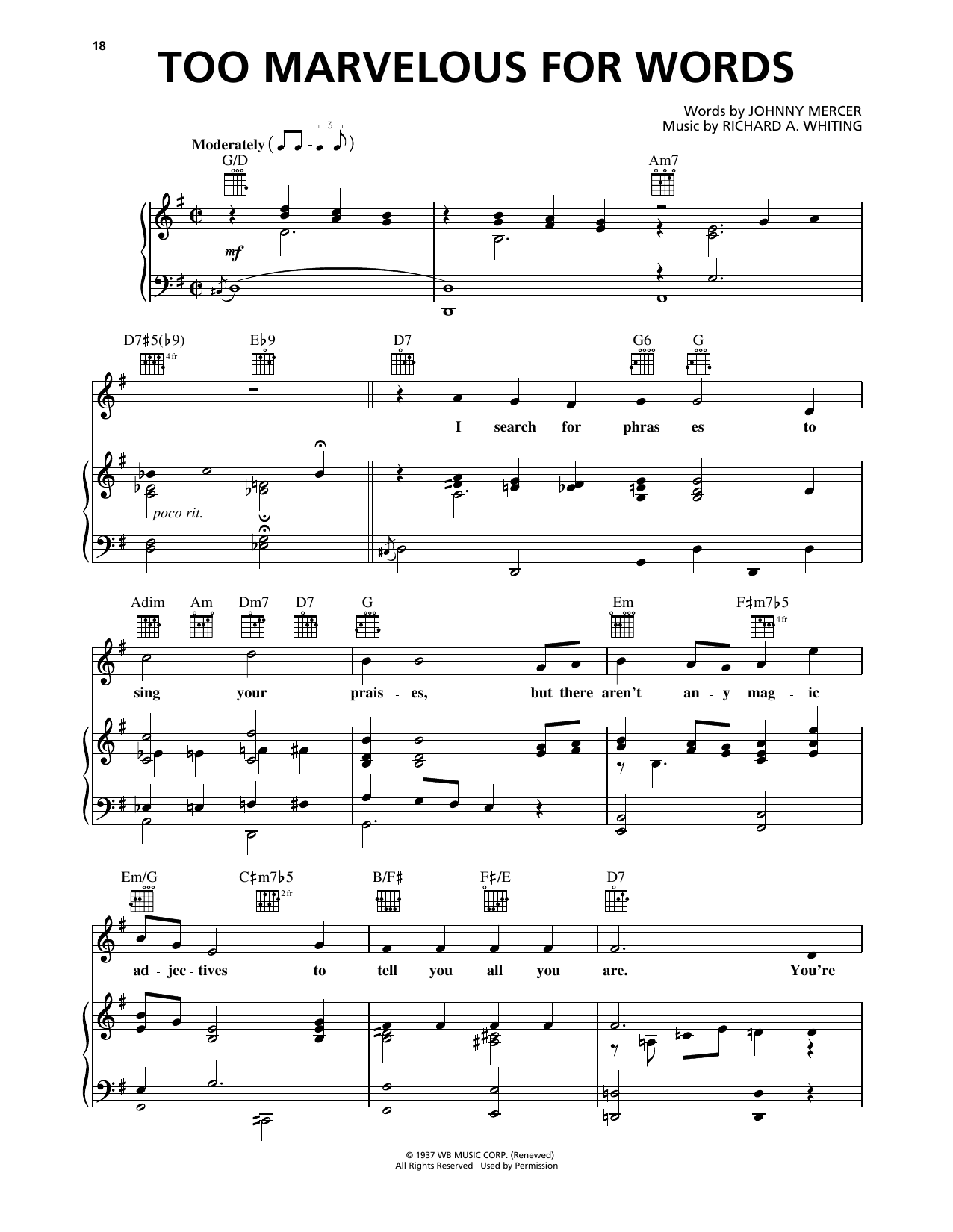 Frank Sinatra Too Marvelous For Words sheet music notes and chords arranged for Piano, Vocal & Guitar Chords (Right-Hand Melody)