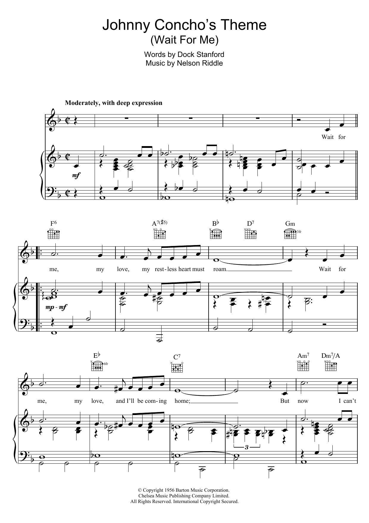 Frank Sinatra Wait For Me (Johnny Concho's Theme) sheet music notes and chords arranged for Piano, Vocal & Guitar Chords