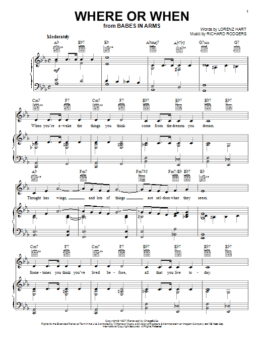 Frank Sinatra Where Or When sheet music notes and chords arranged for Piano, Vocal & Guitar Chords (Right-Hand Melody)