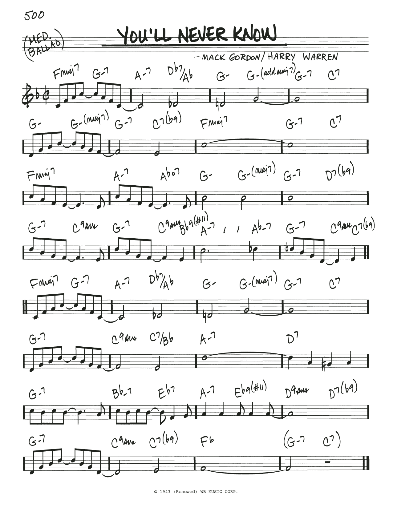 Frank Sinatra You'll Never Know sheet music notes and chords arranged for Real Book – Melody & Chords