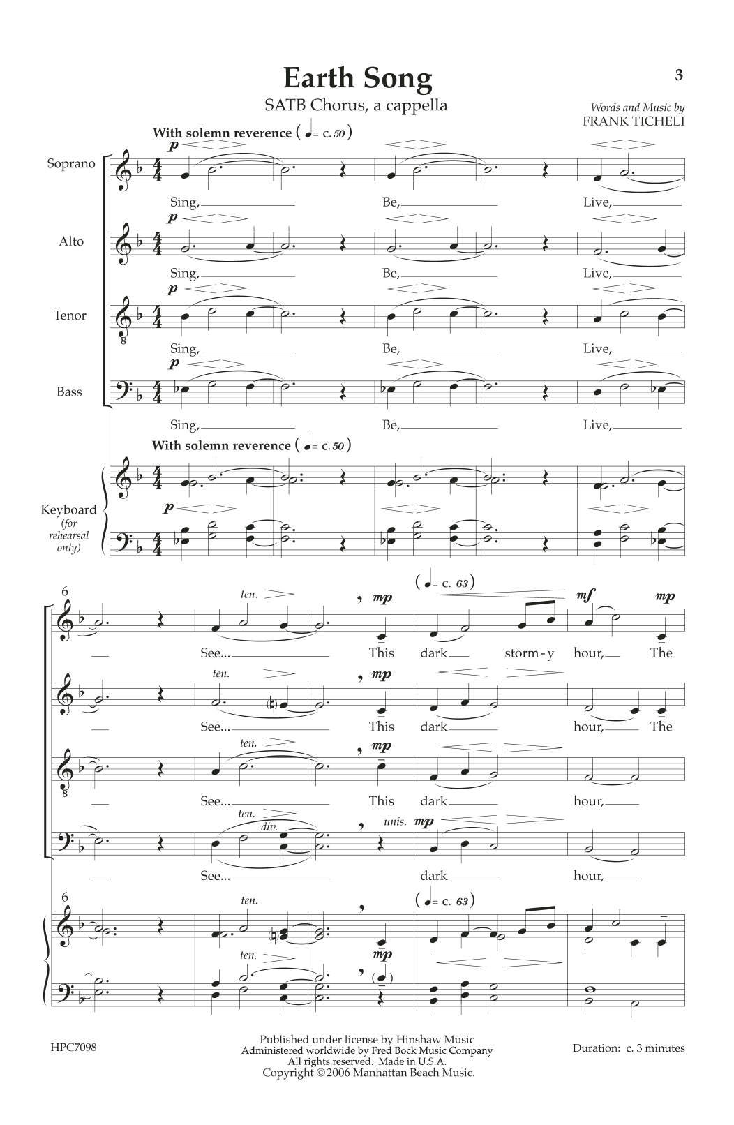 Frank Ticheli Earth Song sheet music notes and chords arranged for SATB Choir