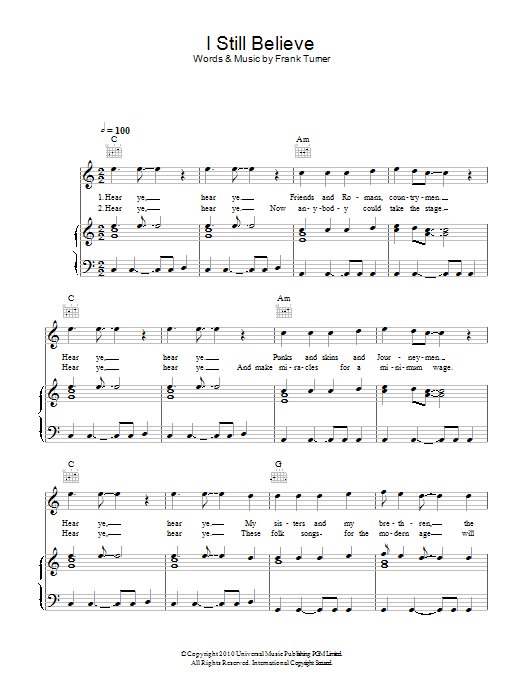 Frank Turner I Still Believe sheet music notes and chords arranged for Piano, Vocal & Guitar Chords