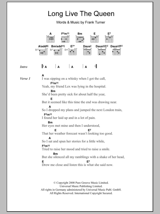 Frank Turner Long Live The Queen sheet music notes and chords arranged for Guitar Chords/Lyrics