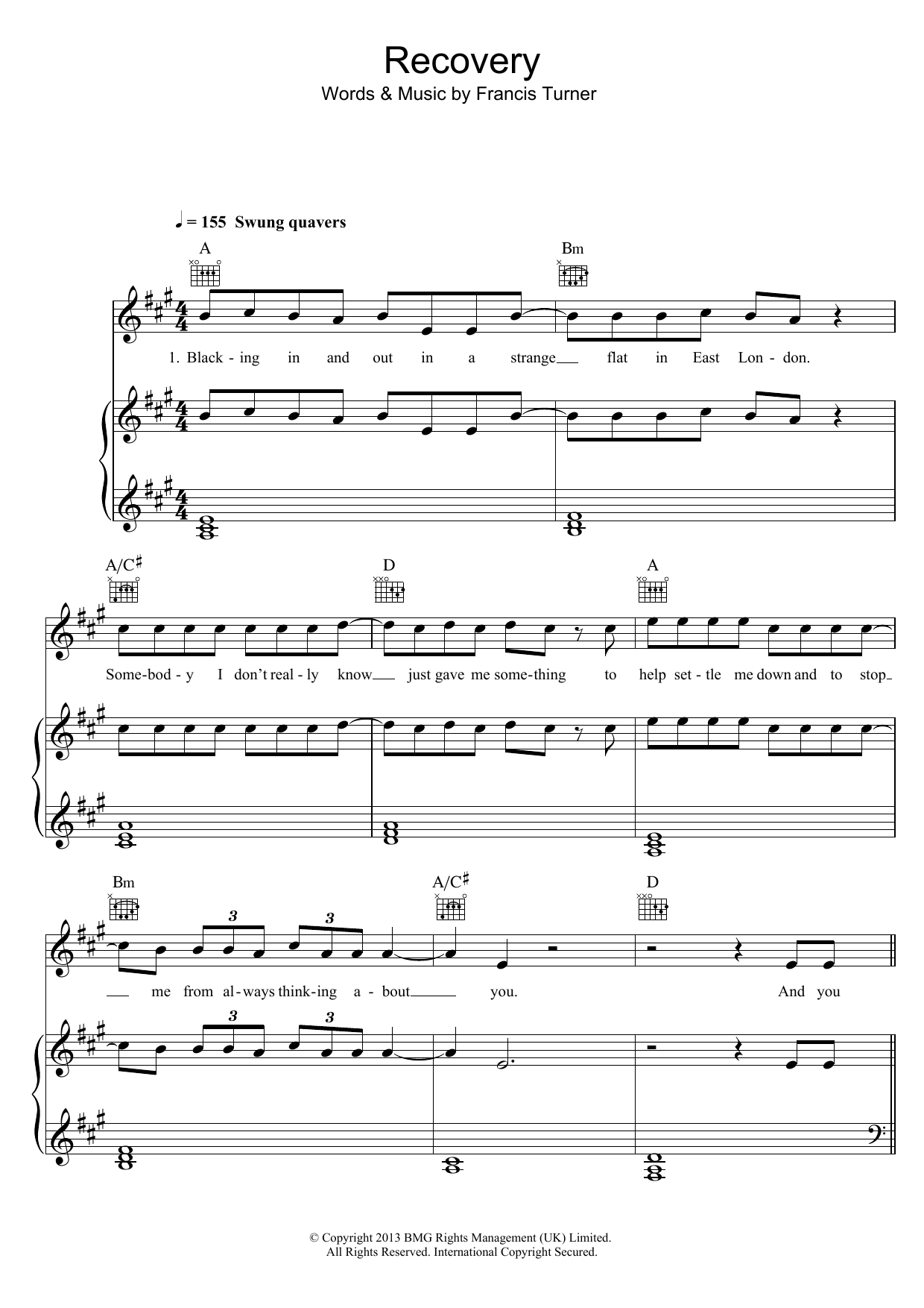 Frank Turner Recovery sheet music notes and chords arranged for Piano, Vocal & Guitar Chords