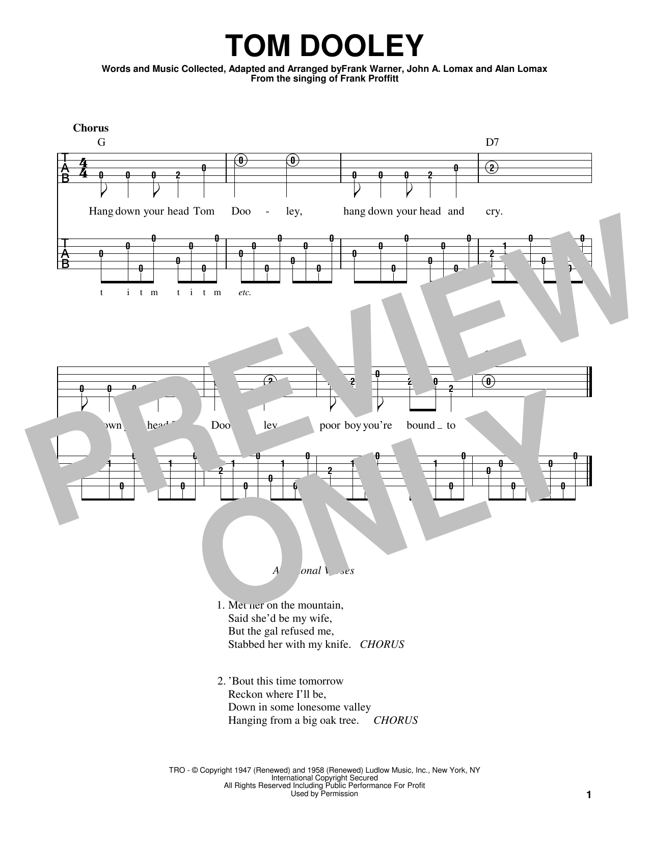 Frank Warner Tom Dooley sheet music notes and chords arranged for Banjo Tab