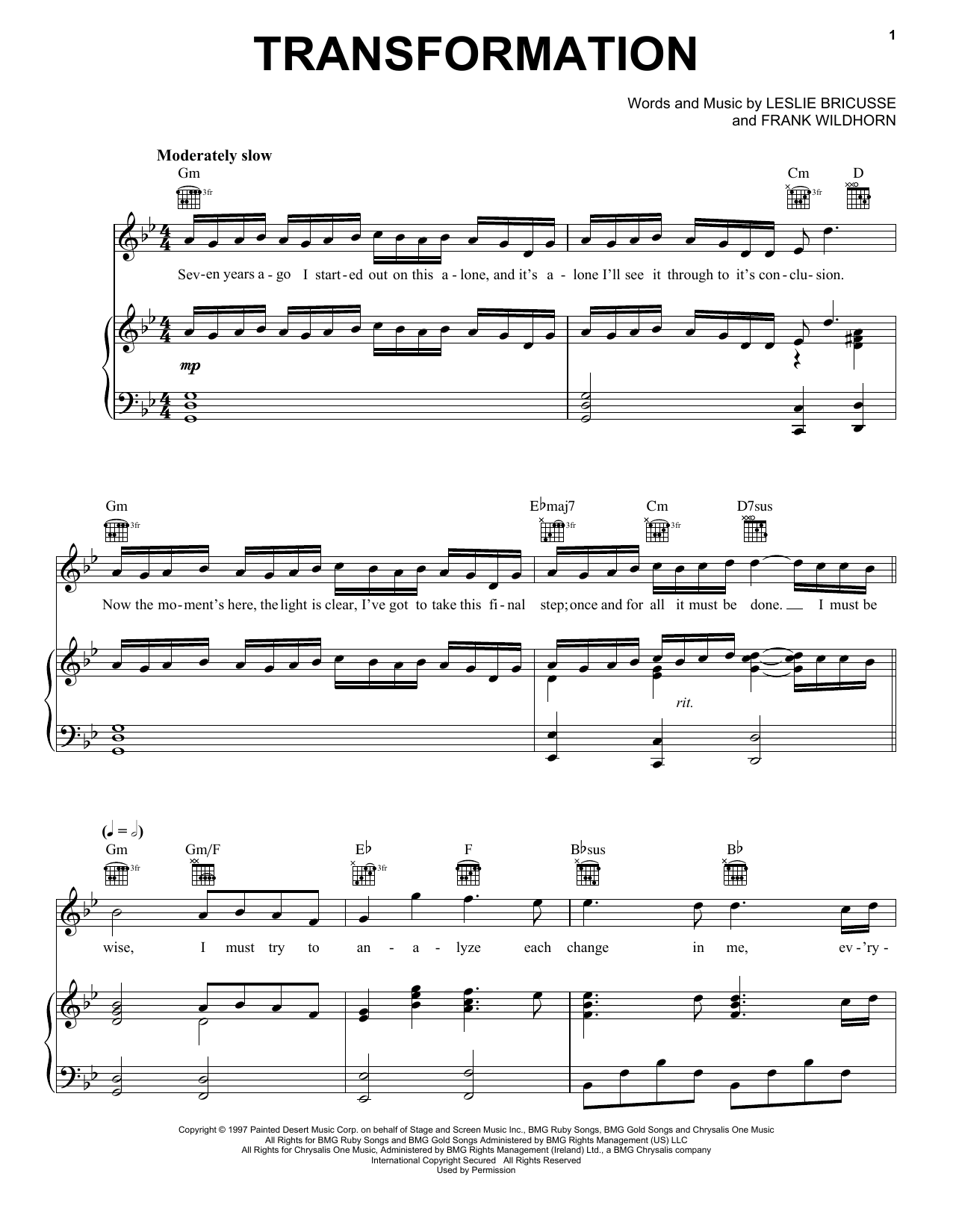 Frank Wildhorn Transformation sheet music notes and chords arranged for Piano, Vocal & Guitar Chords (Right-Hand Melody)