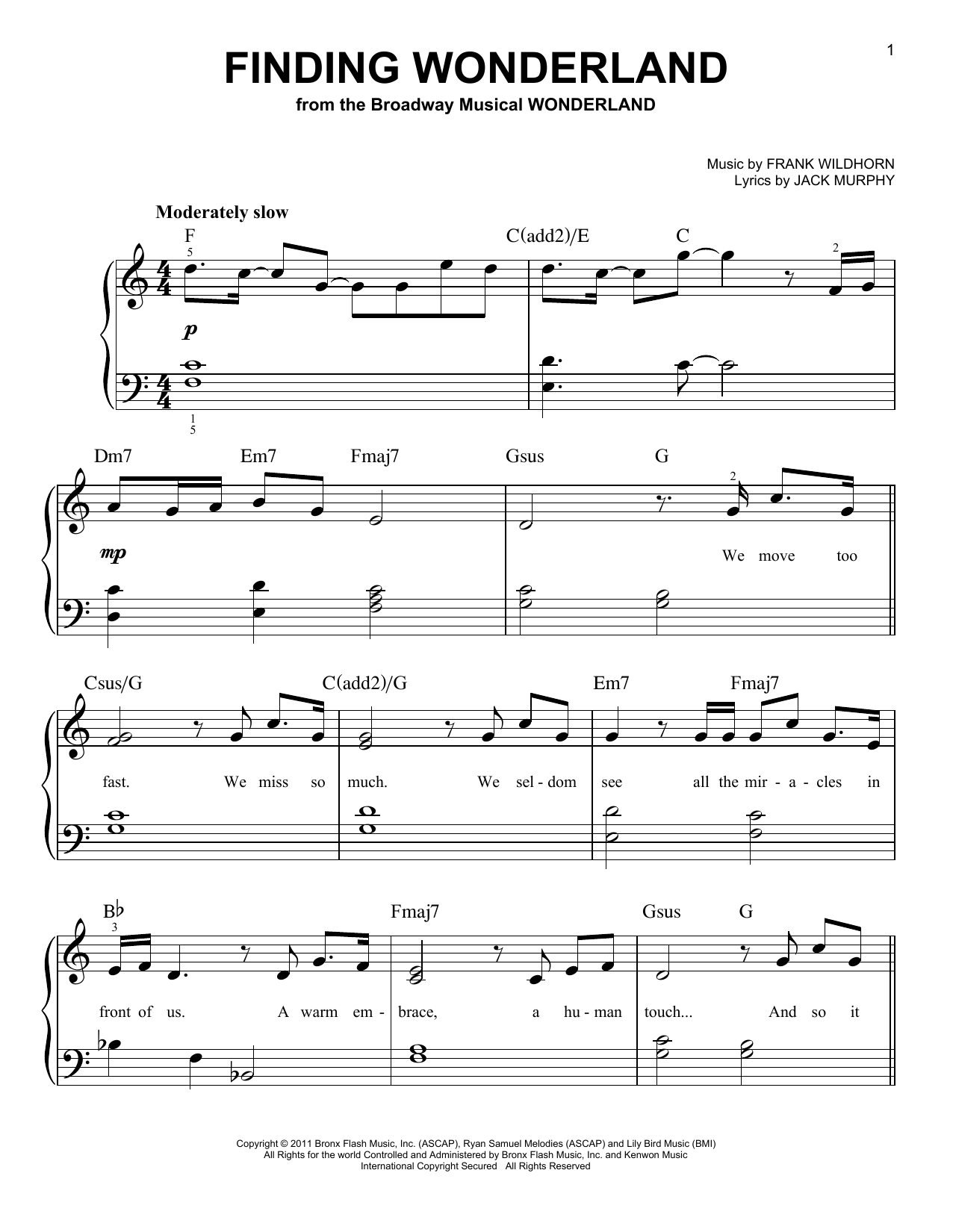 Frank Wildhorn Finding Wonderland (from Wonderland) sheet music notes and chords arranged for Very Easy Piano