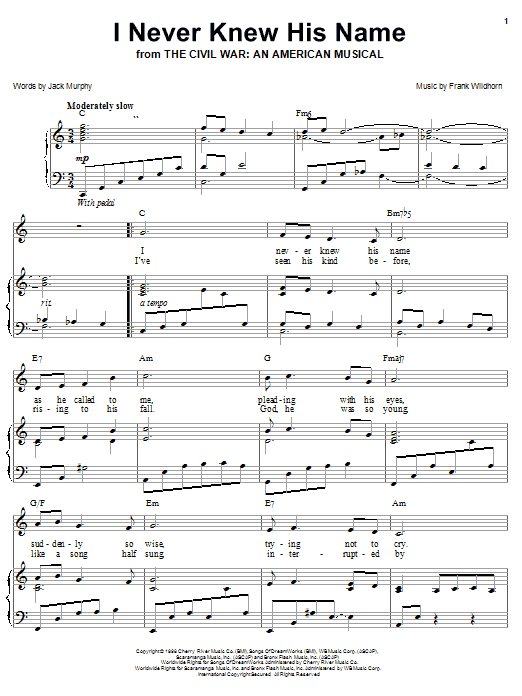 Frank Wildhorn I Never Knew His Name sheet music notes and chords arranged for Piano, Vocal & Guitar Chords (Right-Hand Melody)