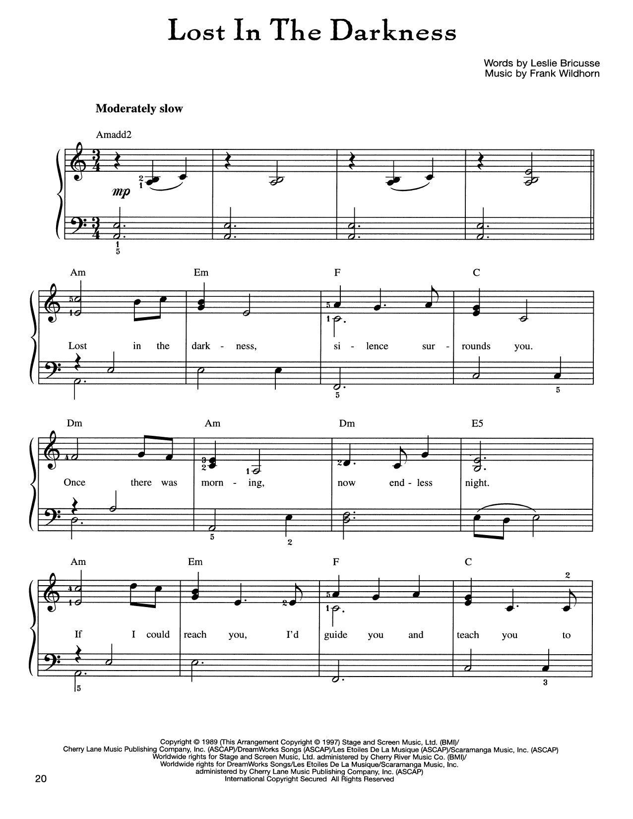 Frank Wildhorn Lost In The Darkness sheet music notes and chords arranged for Easy Piano