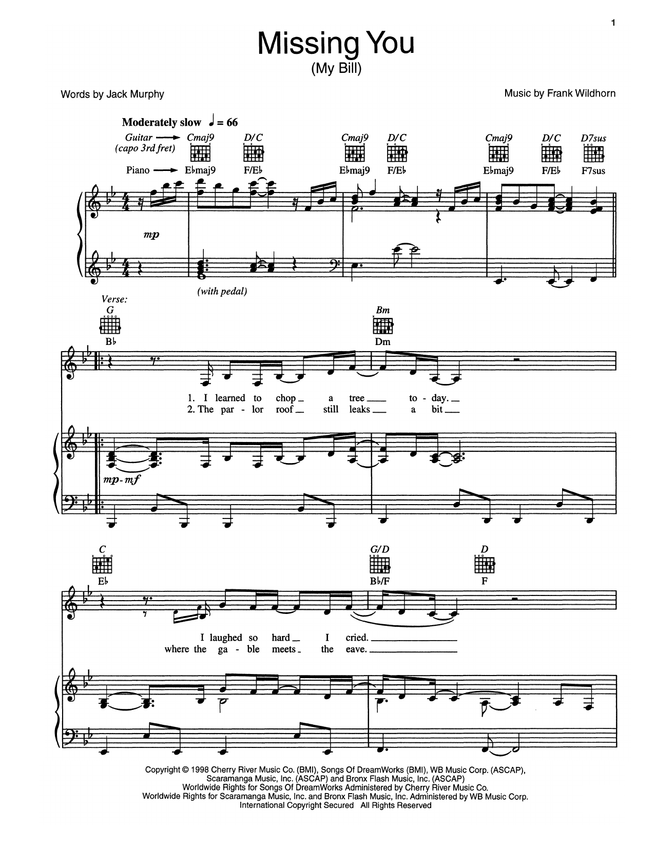 Frank Wildhorn Missing You (My Bill) sheet music notes and chords arranged for Piano, Vocal & Guitar Chords (Right-Hand Melody)