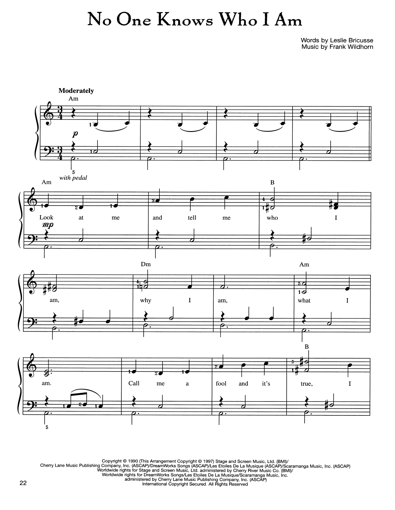 Frank Wildhorn No One Knows Who I Am sheet music notes and chords arranged for Easy Piano