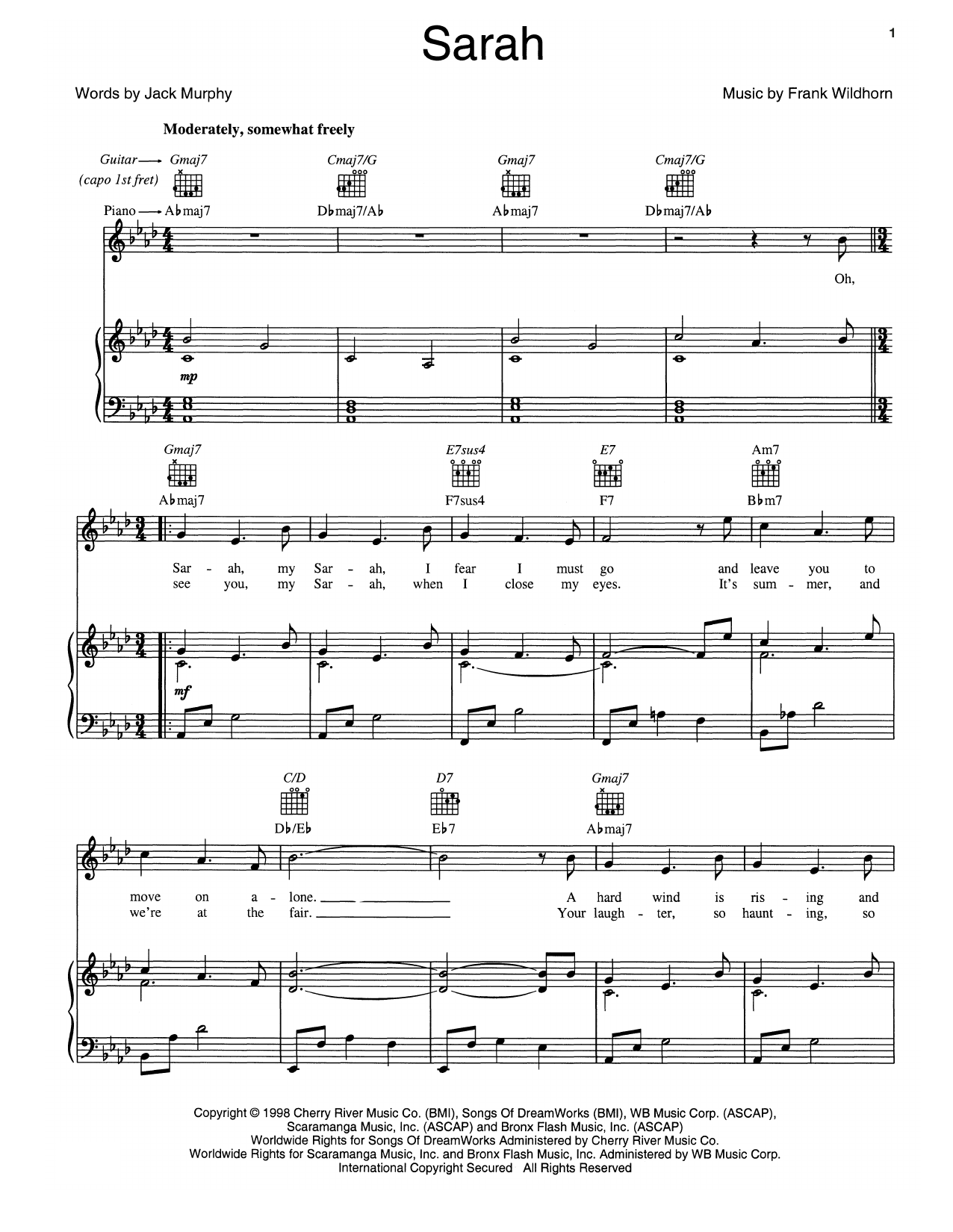 Frank Wildhorn Sarah sheet music notes and chords arranged for Piano, Vocal & Guitar Chords (Right-Hand Melody)