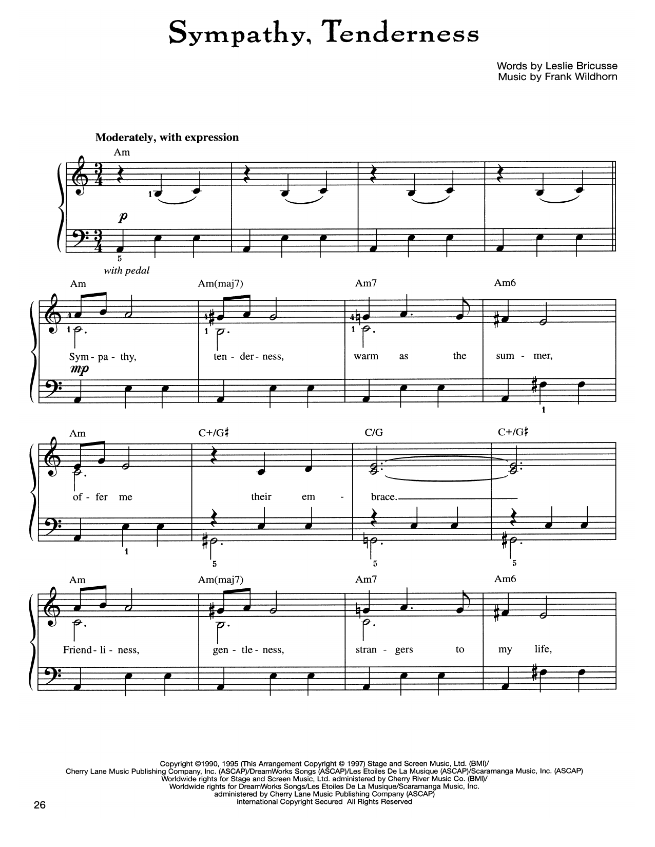 Frank Wildhorn Sympathy, Tenderness sheet music notes and chords arranged for Easy Piano