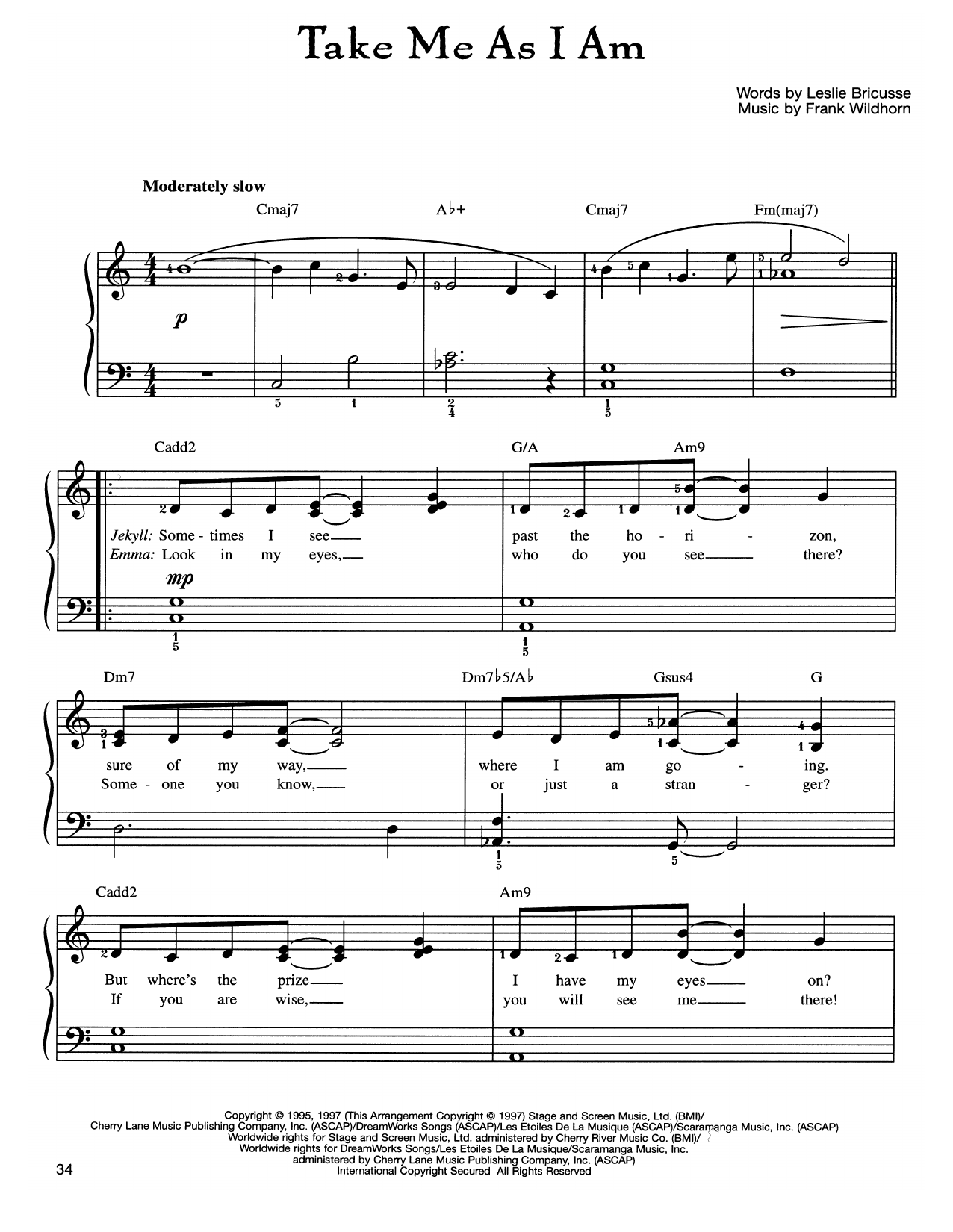 Frank Wildhorn Take Me As I Am sheet music notes and chords arranged for Easy Piano