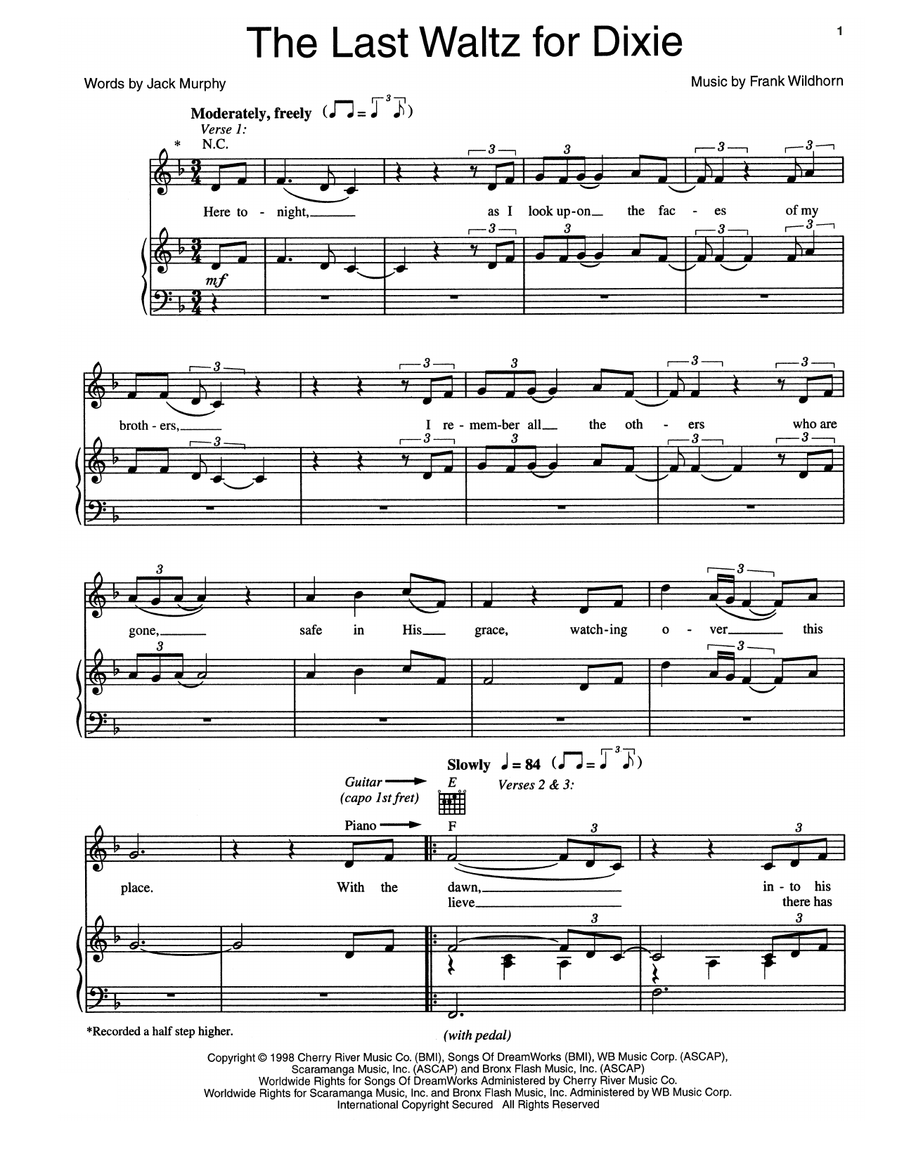 Frank Wildhorn The Last Waltz For Dixie sheet music notes and chords arranged for Piano, Vocal & Guitar Chords (Right-Hand Melody)