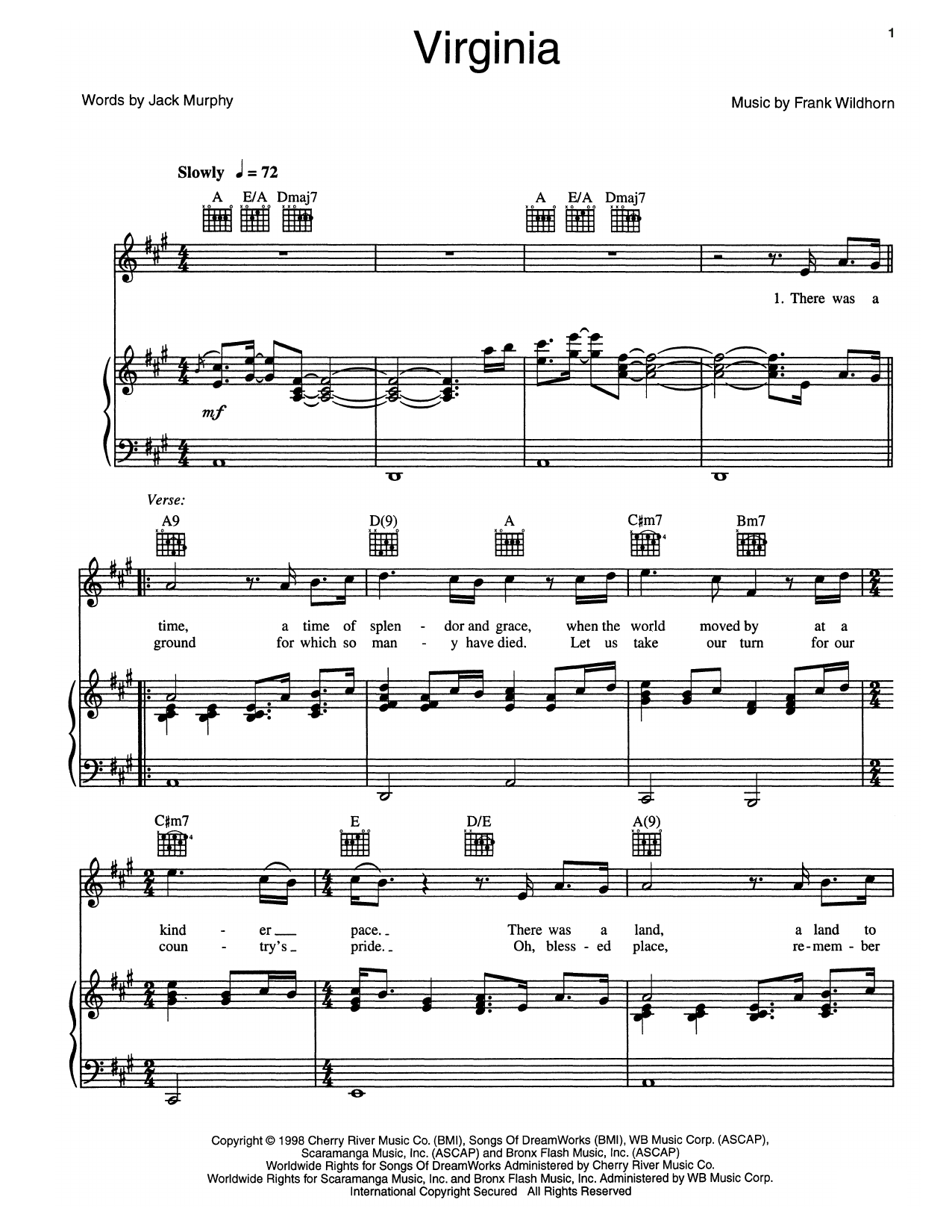 Frank Wildhorn Virginia sheet music notes and chords arranged for Piano, Vocal & Guitar Chords (Right-Hand Melody)