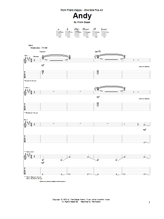 Frank Zappa Andy sheet music notes and chords arranged for Guitar Tab