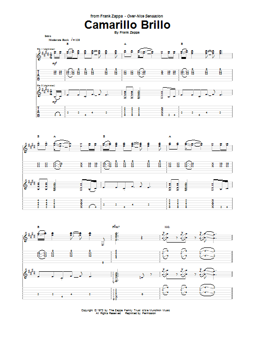 Frank Zappa Camarillo Brillo sheet music notes and chords arranged for Guitar Tab