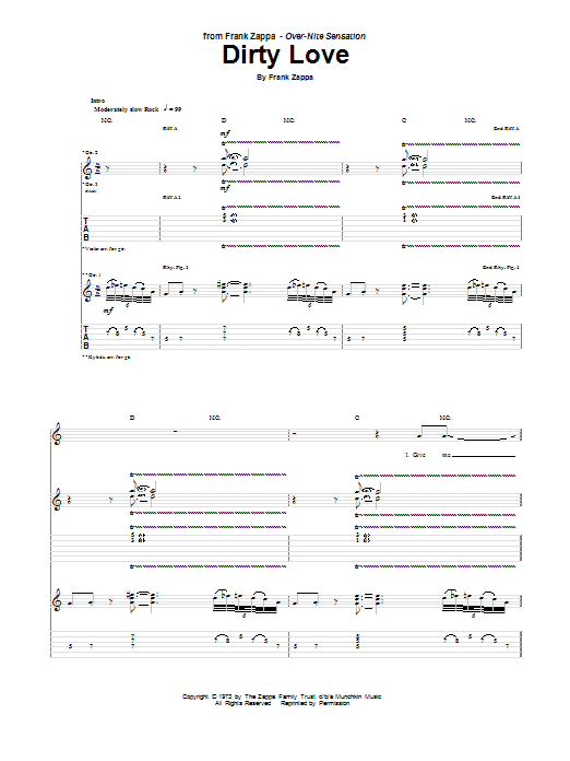 Frank Zappa Dirty Love sheet music notes and chords arranged for Guitar Tab