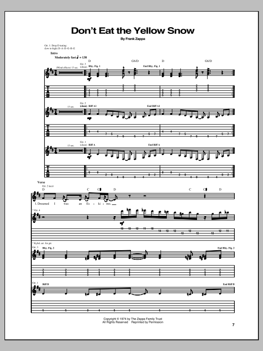 Frank Zappa Don't Eat The Yellow Snow sheet music notes and chords arranged for Guitar Tab