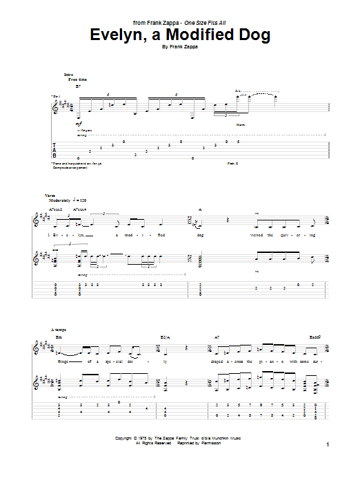 Frank Zappa Evelyn, A Modified Dog sheet music notes and chords arranged for Guitar Tab