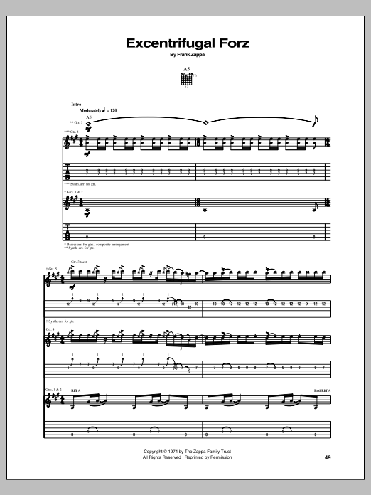 Frank Zappa Excentrifugal Forz sheet music notes and chords arranged for Guitar Tab