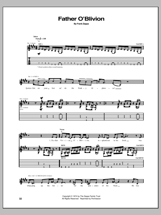 Frank Zappa Father O'Blivion sheet music notes and chords arranged for Guitar Tab