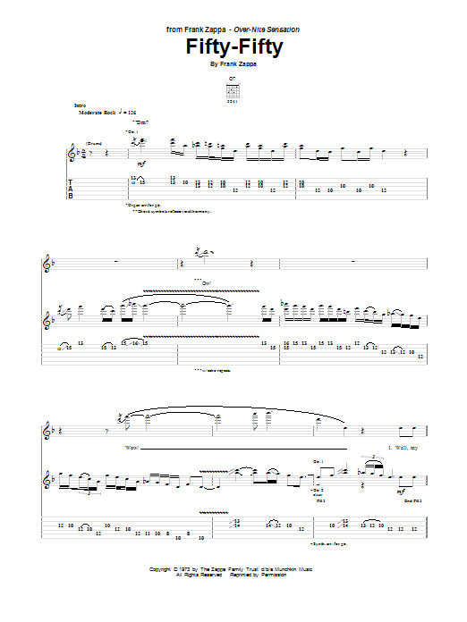 Frank Zappa Fifty-Fifty sheet music notes and chords arranged for Guitar Tab