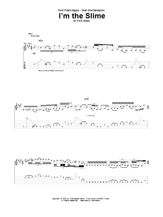 Frank Zappa I'm The Slime sheet music notes and chords arranged for Guitar Chords/Lyrics