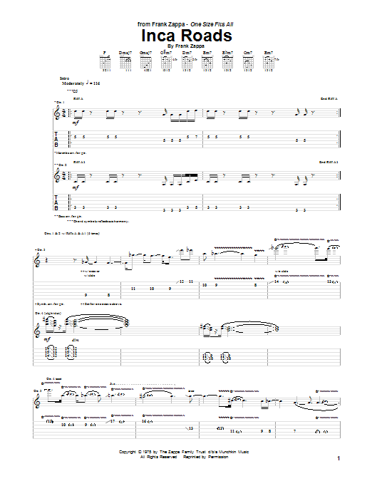 Frank Zappa Inca Roads sheet music notes and chords arranged for Guitar Tab