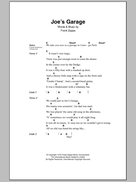 Frank Zappa Joe's Garage sheet music notes and chords arranged for Guitar Chords/Lyrics