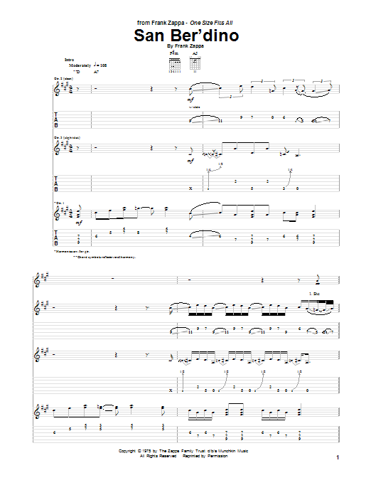 Frank Zappa San Ber'dino sheet music notes and chords arranged for Guitar Tab