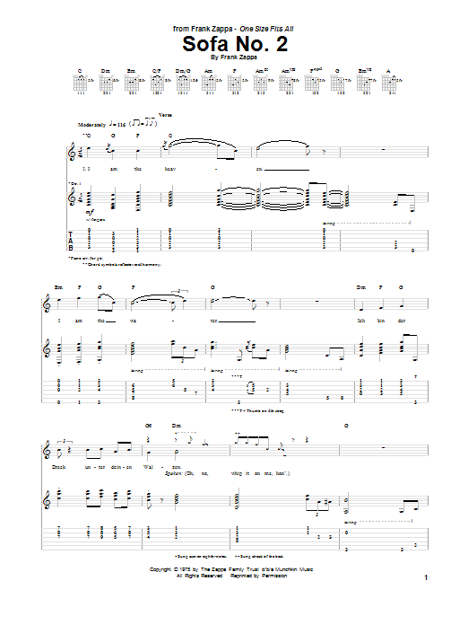 Frank Zappa Sofa No. 2 sheet music notes and chords arranged for Guitar Tab