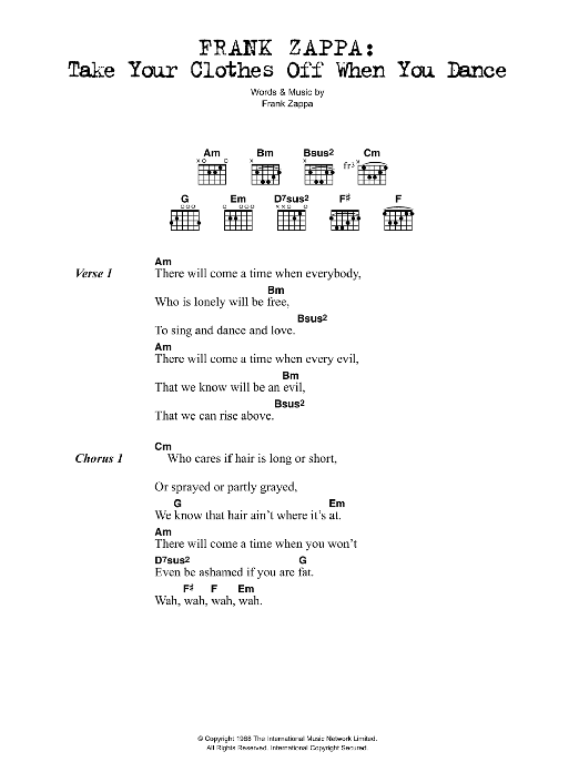Frank Zappa Take Your Clothes Off When You Dance sheet music notes and chords arranged for Guitar Chords/Lyrics