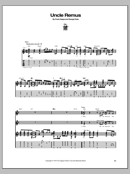 Frank Zappa Uncle Remus sheet music notes and chords arranged for Guitar Tab