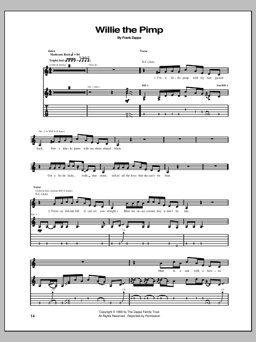 Frank Zappa Willie The Pimp sheet music notes and chords arranged for Guitar Tab