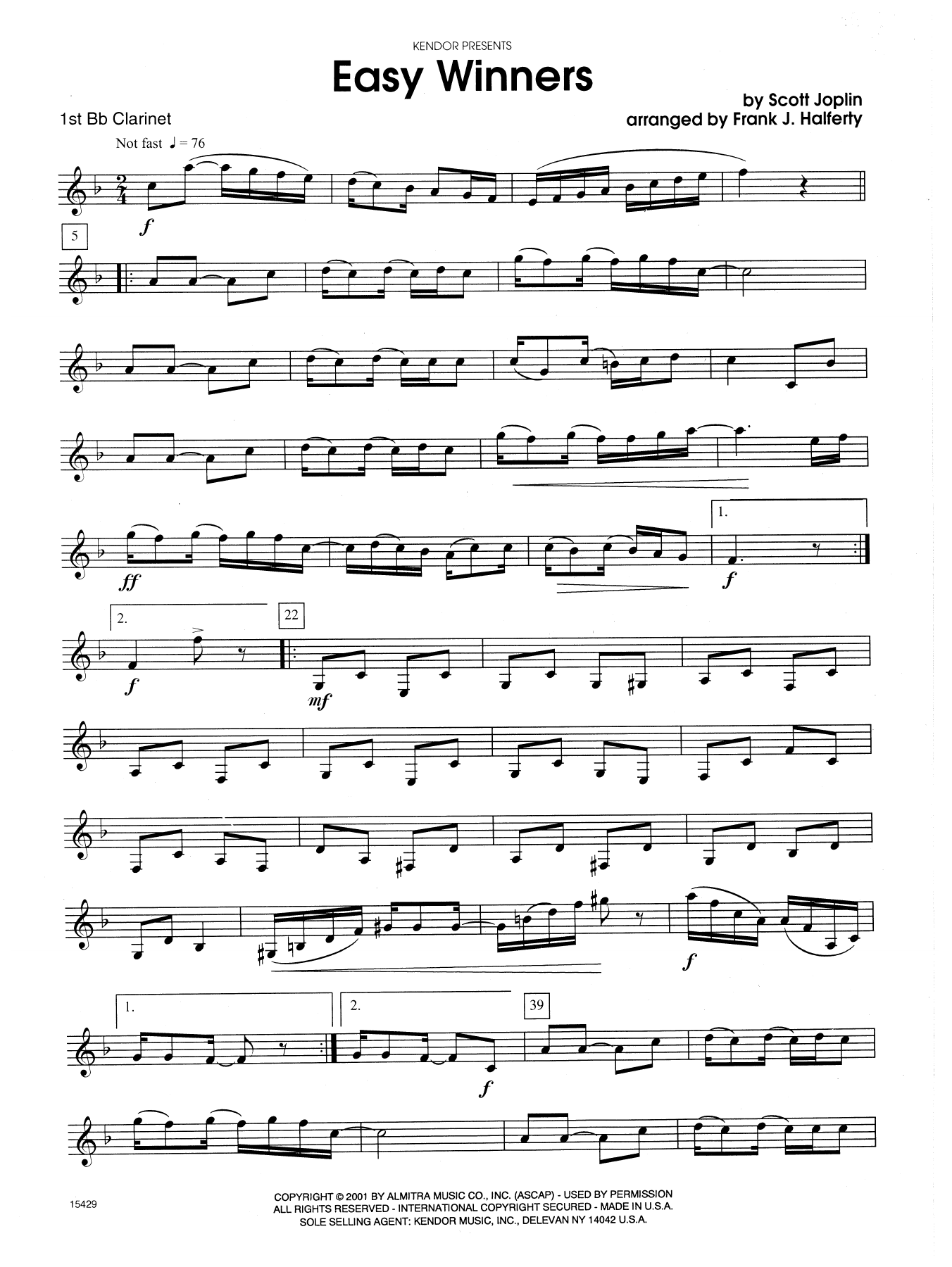 Frank J. Halferty Easy Winners - 1st Bb Clarinet sheet music notes and chords. Download Printable PDF.