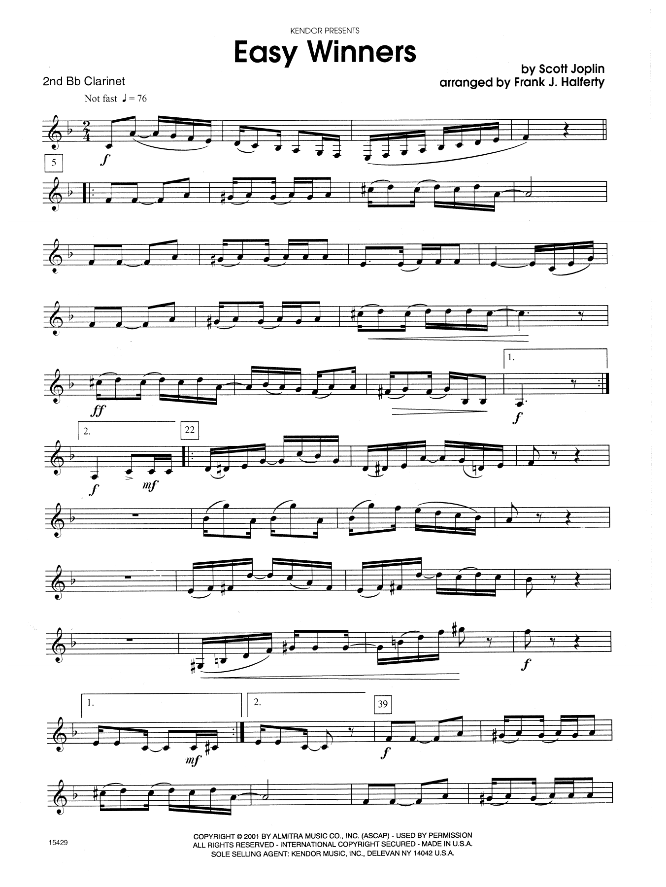 Frank J. Halferty Easy Winners - 2nd Bb Clarinet sheet music notes and chords. Download Printable PDF.