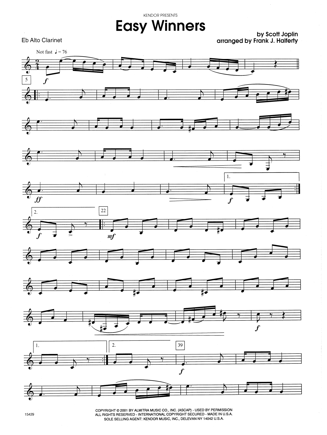 Frank J. Halferty Easy Winners - Eb Alto Clarinet sheet music notes and chords. Download Printable PDF.