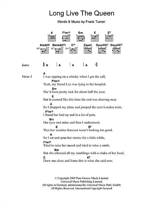 Frank Turner Long Live The Queen sheet music notes and chords arranged for Guitar Chords/Lyrics