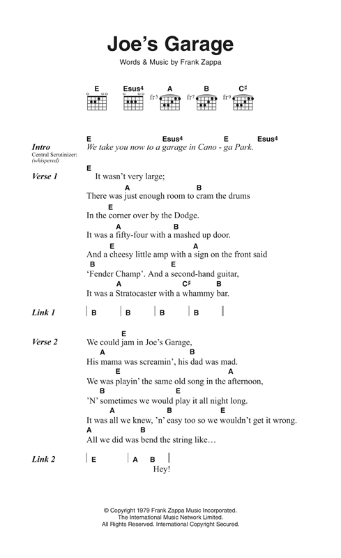 Frank Zappa Joe's Garage sheet music notes and chords arranged for Guitar Chords/Lyrics
