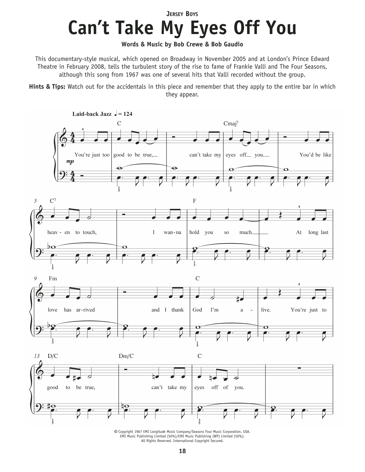 Franki Valli & The Four Seasons Can't Take My Eyes Off Of You sheet music notes and chords arranged for Really Easy Piano