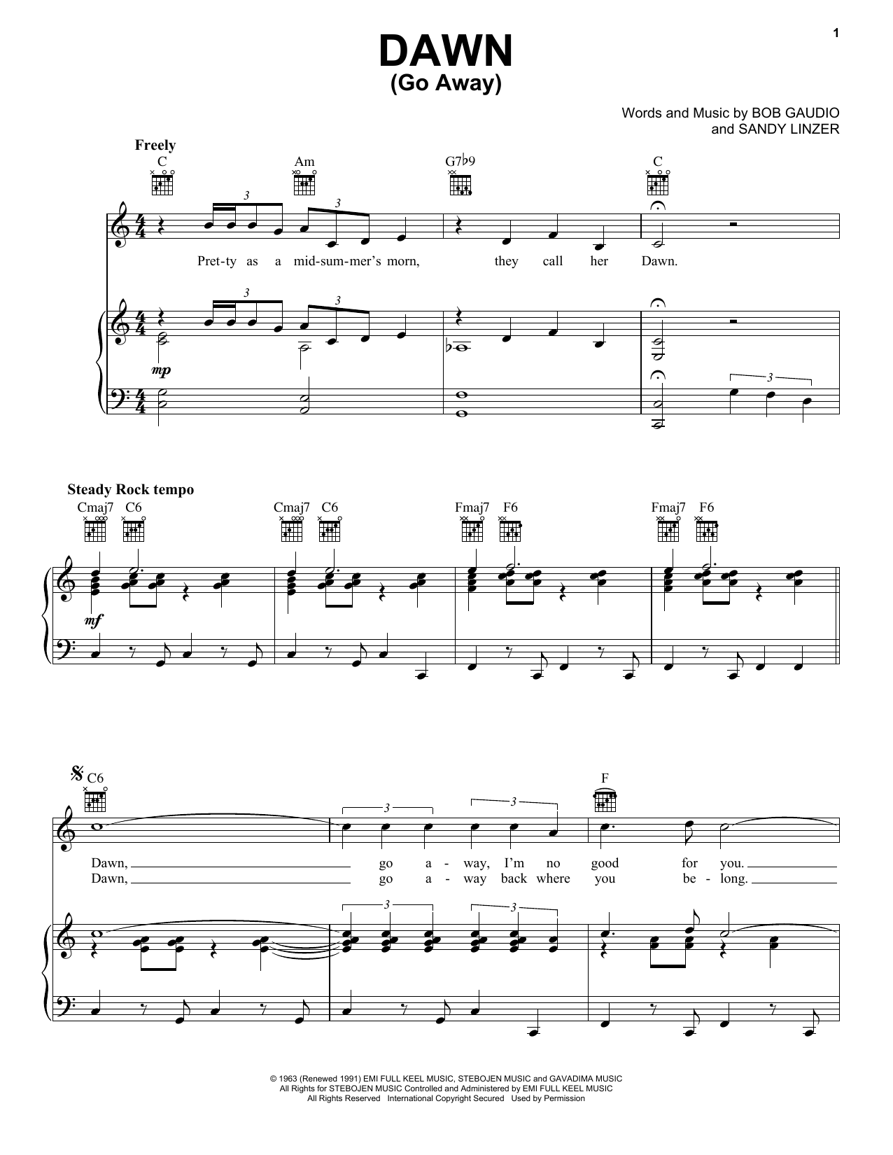 Franki Valli & The Four Seasons Dawn (Go Away) sheet music notes and chords arranged for Piano, Vocal & Guitar Chords (Right-Hand Melody)