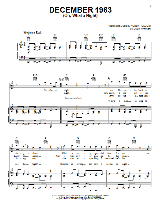 Frankie Valli & The Four Seasons December 1963 (Oh, What A Night) sheet music notes and chords arranged for Piano, Vocal & Guitar Chords (Right-Hand Melody)